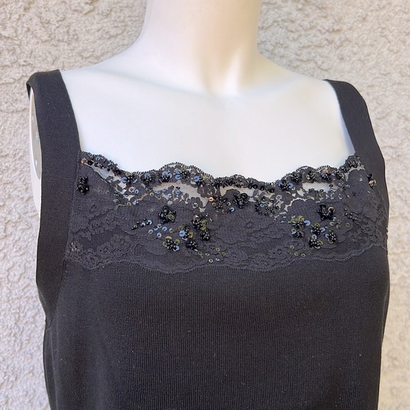 Talbots Black Spandex Form Fit Camisole Tank Lace Beaded Square Neckline Detail - Picture 1 of 7